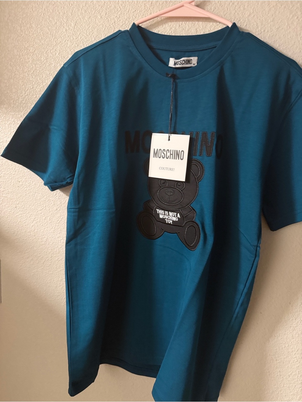 Moschino Teal Short‑Sleeve Tee with Black Teddy Graphic